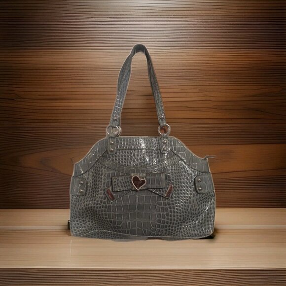 Y2K Vintage GUESS Grey With Bow Crocodile Handbag Tote Large Purse Silver Womens - Picture 1 of 16